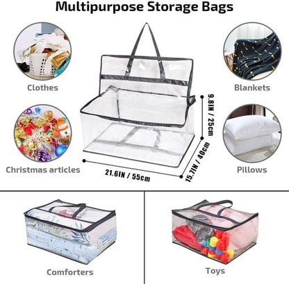 Clear Clothes Storage Bag Organizer - Reinforced Handle Vinyl Totes for Comforters & Bedding | 3 Pack, 55L, Black