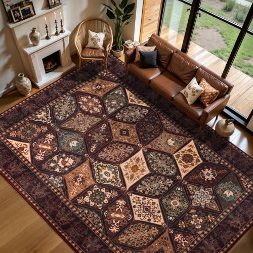 Vintage Washable Area Rug 4x6 Feet Distressed Patchwork Brown - Pet Friendly
