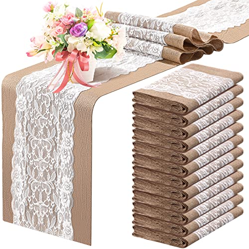 Rustic Burlap Table Runners with Lace 12 x 108 Inches Set of 12