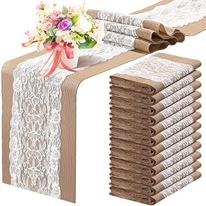 Rustic Burlap Table Runners with Lace 12 x 108 Inches Set of 12