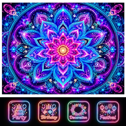 UV Black Light Mandala Wall Tapestry - 78x59 in Polyester, Neon Glow Effect HC-YL-72018