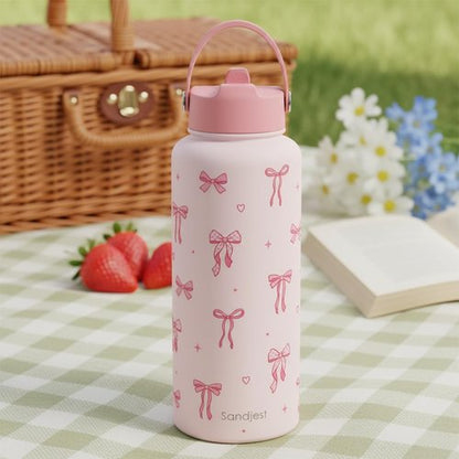 Coquette Stainless Steel Water Bottle - 32oz Insulated Pink Bow Gift for Women & Teens