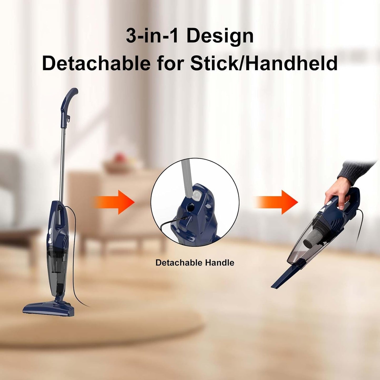 Skiennix Corded Stick Vacuum Cleaner - 3-in-1 Handheld Design with 180° Steering & 14KPA Suction for Pet Hair