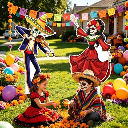 Vibrant Day of The Dead Cardboard Cutouts - Indoor & Outdoor Decor Set