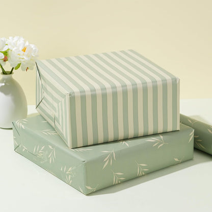 ZINTBIAL Reversible Gift Wrapping Paper Roll - Light Green & Beige Leaves Design - 17.5" x 33' (48 sq. ft.)