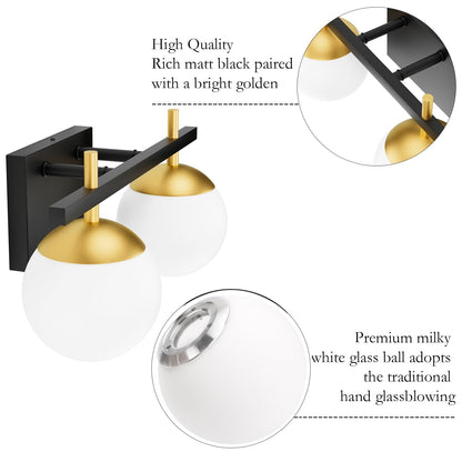 Ralbay 2-Light Black Gold Bathroom Vanity Light - Mid Century Modern Bathroom Light Fixture with Black/Golden Milky Glass Ball Wall Light