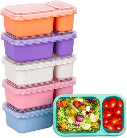 DOSEWART Reusable Snack Containers - 2-Compartment Wheat Straw Meal Prep Packs | 6-Pack for On-the-Go Snacking