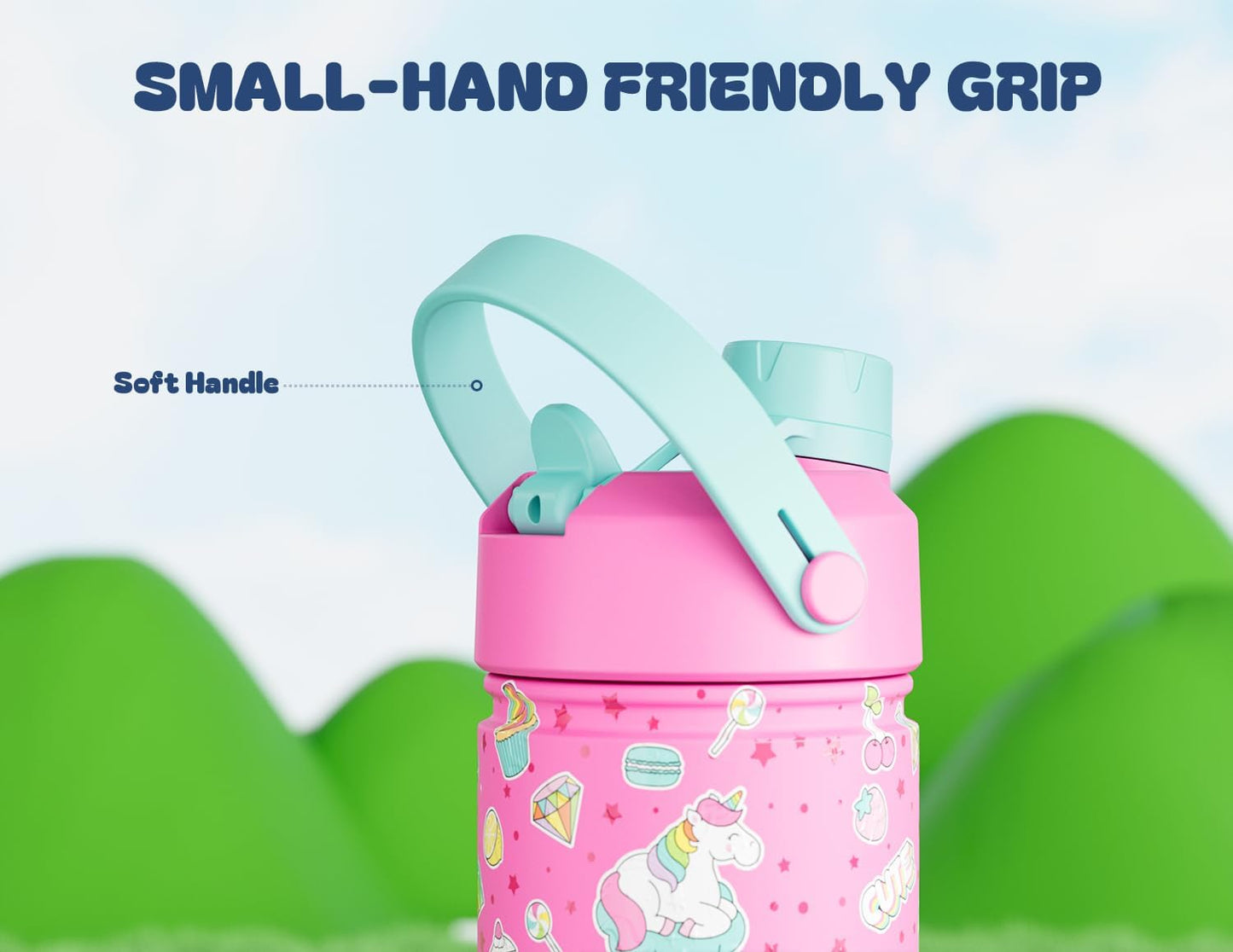 Skiennix 18 oz Kids Water Bottle - Leakproof Insulated Stainless Steel | 2-in-1 Straw Spout Lid, Cute Unicorn Design