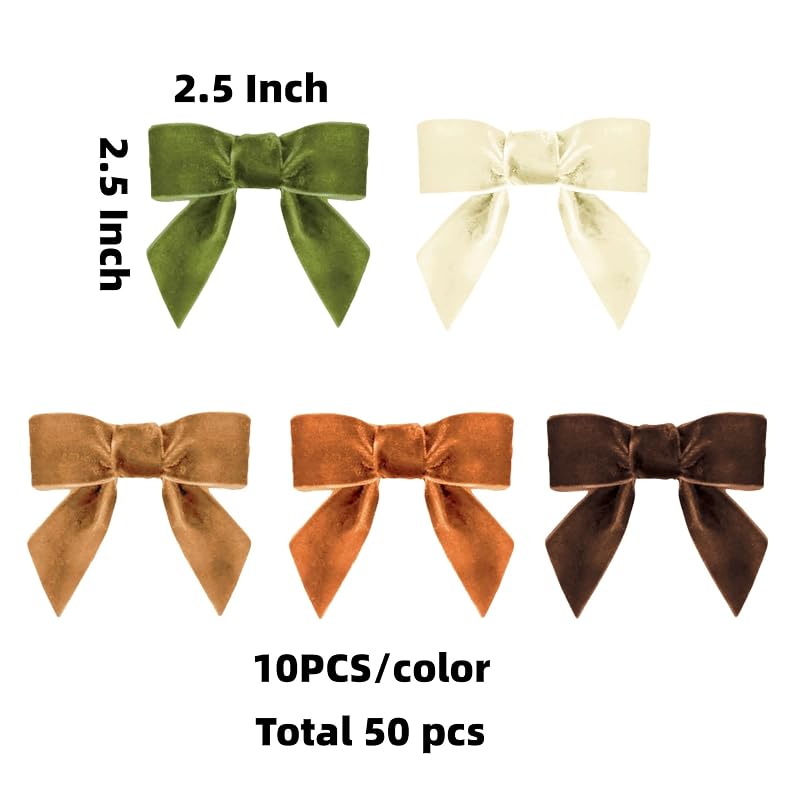 Meseey 2.5 Inch Velvet Bows with Twist Tie – 50 Pcs Khaki Brown Moss Ivory Copper Velvet Ribbon Bows