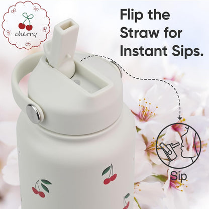 Skiennix 32 oz Insulated Water Bottle - Leak Proof Stainless Steel with Flip Straw & Handle | Cream Cherry