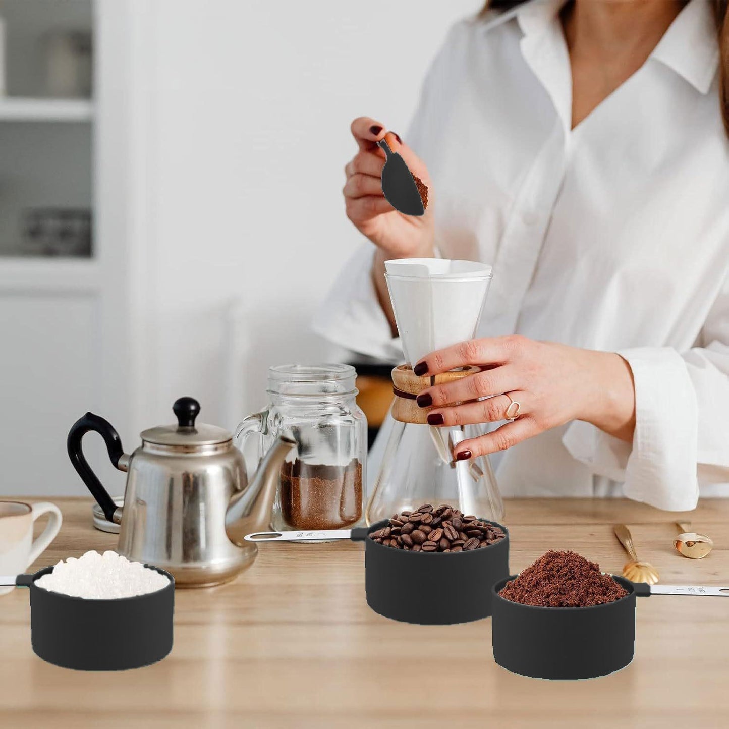 Skiennix Measuring Cups and Spoons Set - 10-Piece Stackable Kitchen Tools with Engraved US Measurements | Food-Grade Silicone Handles, Dishwasher Safe (Black)