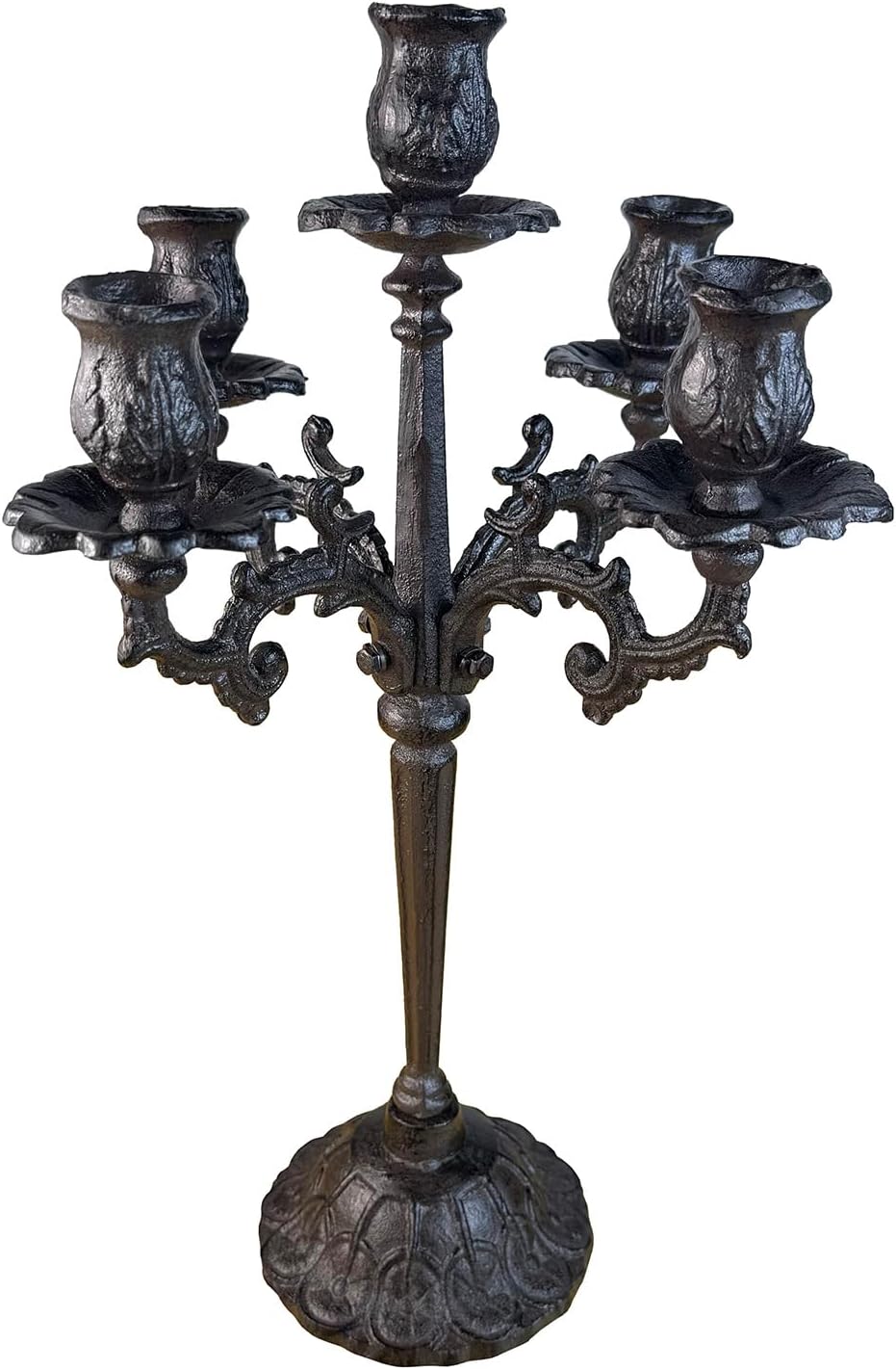 Antique Rust Brown Cast Iron Candelabra - 5-Arm Vintage Floral Candle Holder | 17" Tall Rustic Centerpiece