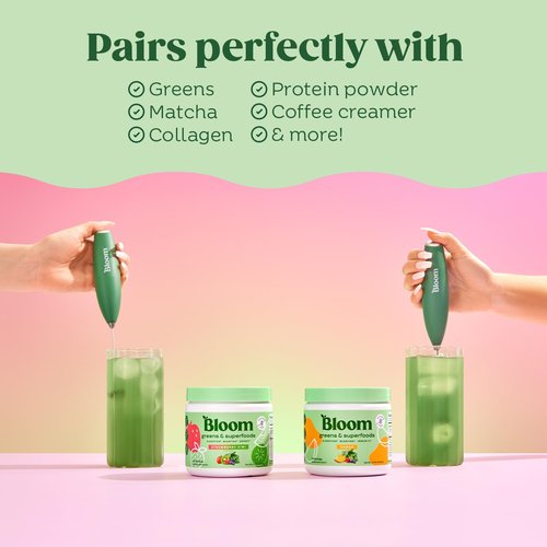 Bloom Nutrition Milk Frother, Hand Mixer, Electric, Handheld Drink Stirrer, Frothing Wand, Foam Maker for Coffee, Matcha, Protein, Greens, Stainless Steel, Battery Operated, Includes Whisk Stand