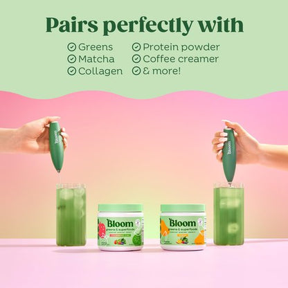 Bloom Nutrition Milk Frother, Hand Mixer, Electric, Handheld Drink Stirrer, Frothing Wand, Foam Maker for Coffee, Matcha, Protein, Greens, Stainless Steel, Battery Operated, Includes Whisk Stand