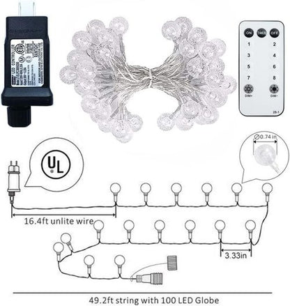 Globe String Lights - 49.2 Feet with 100 LEDs | Remote Timer & 8 Modes for Indoor/Outdoor Use