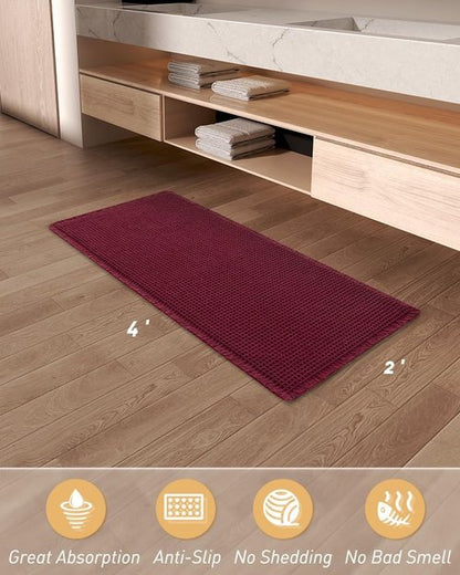 AMOAMI Upgraded Waffle Runner Rug Super Absorbent Non Slip Bath Mats for Bathroom Floor Washable Bathroom Runner Rug with Tassels, Ideal for Hallway Bedroom Laundry Room, Burgundy, 2' x 4'(24" x 48")