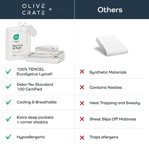 Olive + Crate Tencel Lyocell Eucalyptus Queen Size Sheet Set - Cooling Tencel Sheets for Hot Sleepers with 18 Inch Deep Pocket Fit - White Snow 4-Piece Set