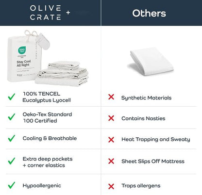 Olive + Crate Tencel Lyocell Eucalyptus Queen Size Sheet Set - Cooling Tencel Sheets for Hot Sleepers with 18 Inch Deep Pocket Fit - White Snow 4-Piece Set