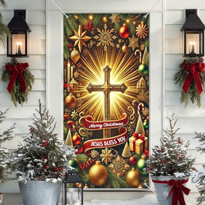IVN Christmas Golden Cross Door Cover Decoration Banner 71x35 Inch - Holiday Welcome