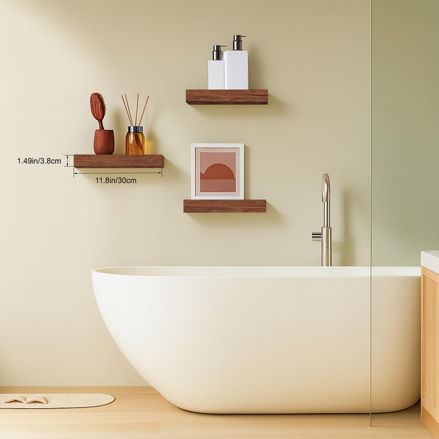 Modern Wooden Floating Shelves by [Brand Name] - Stylish Wall-Mounted Storage | Set of 3, 12x7x1.5 in (Walnut)
