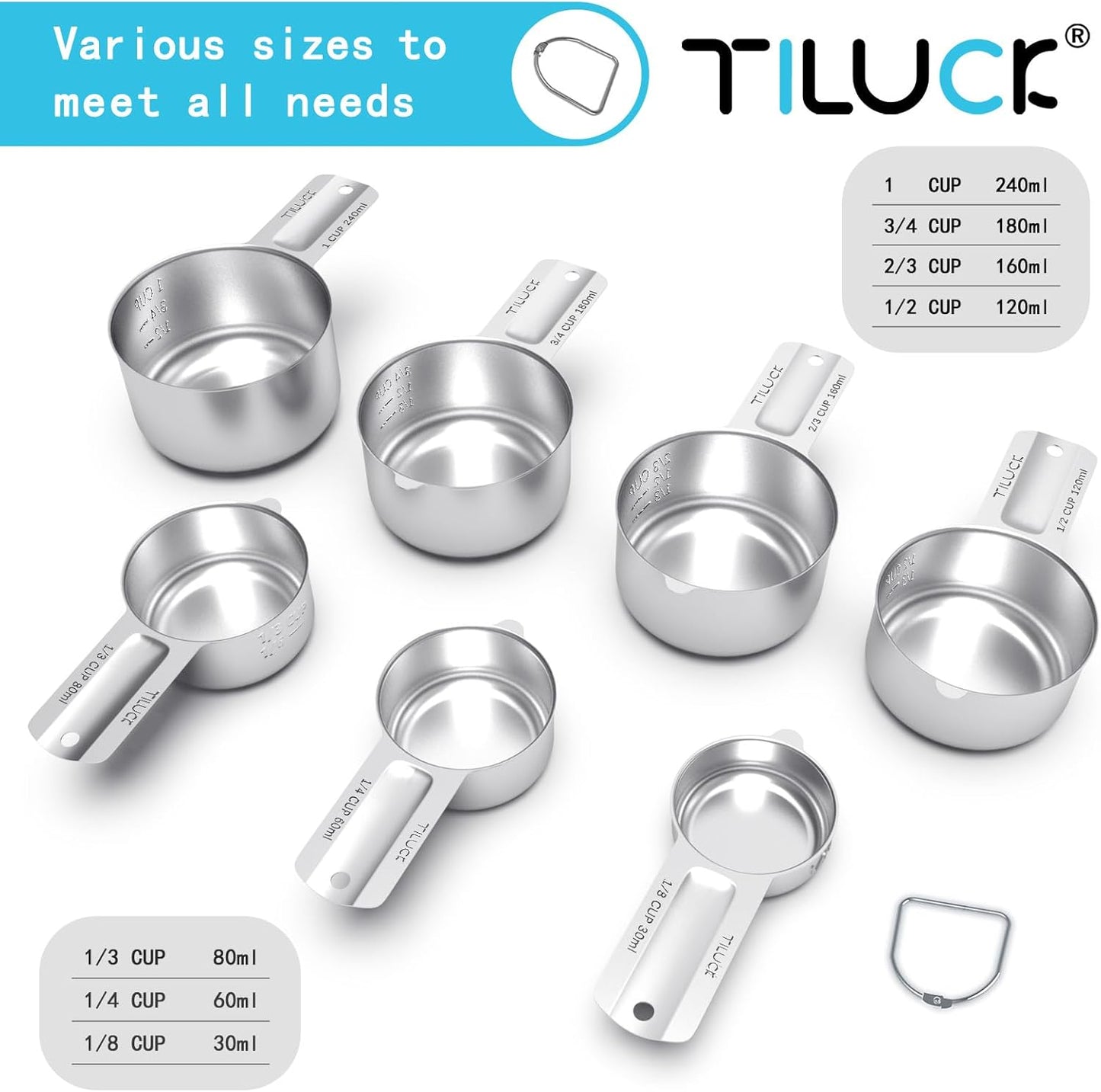 TILUCK Stainless Steel Measuring Cups Set - Essential Kitchen Gadgets for Cooking & Baking | Set of 7