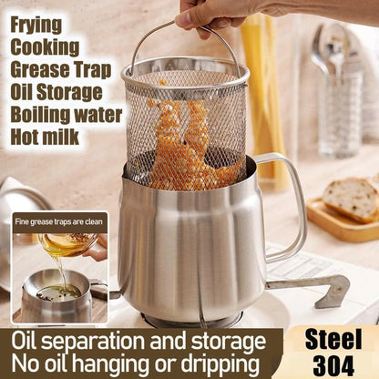 Rose and Teddy Stainless Steel Fryer, 53/70oz Large Capacity 2 in 1 Oil Strainer Pot, 304 Stainless Steel Fryer and Oil Filter with Strainer for Kitchen Storing Cooking (2L/70oz)