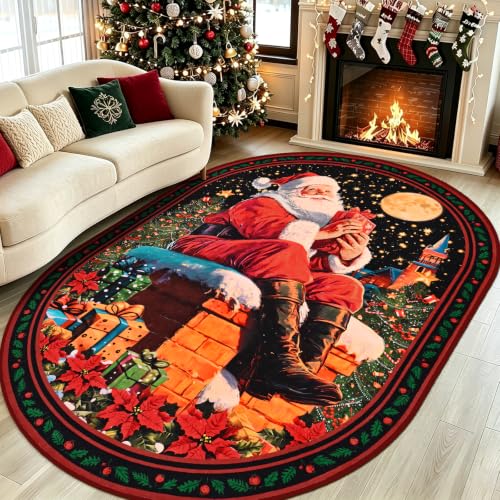 Red Christmas Oval Rug 4x6 Non Slip Washable Santa Bedroom Decor
