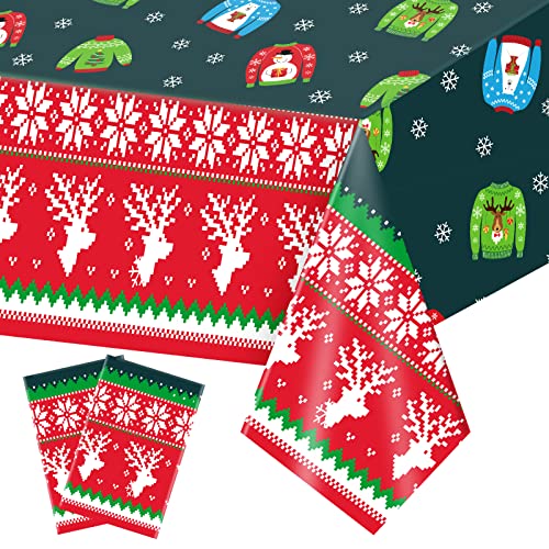 2 Pcs Christmas Ugly Sweater Tablecloths - Plastic Disposable Holiday Decor