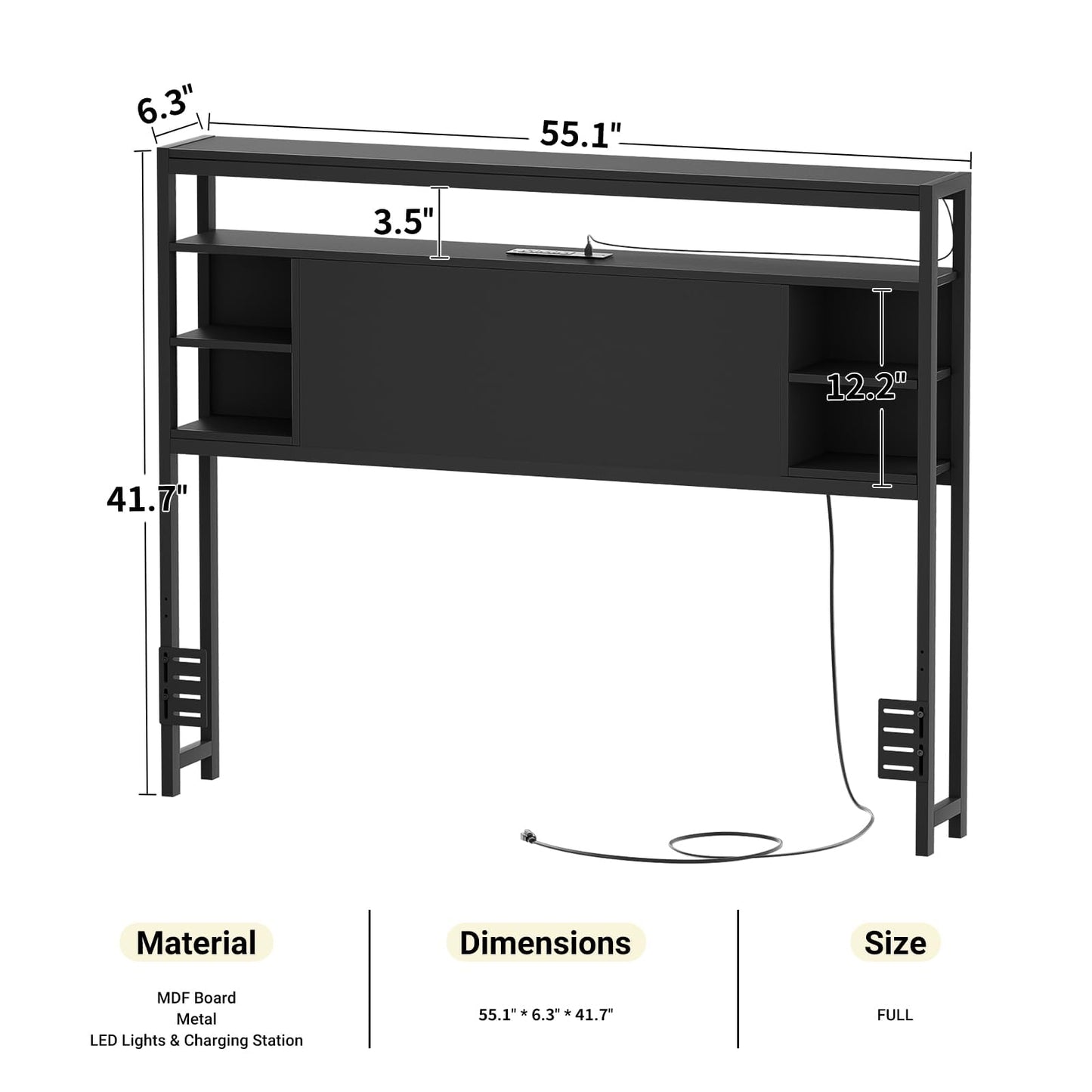 Unikito Full Size Headboard with Storage, Headboard with Outlets and RGB LED Light, Sturdy Head Boards for Full Size Bed, Stable Full Headboard Only for Bedroom, Dorm Room, Guest Room, Black