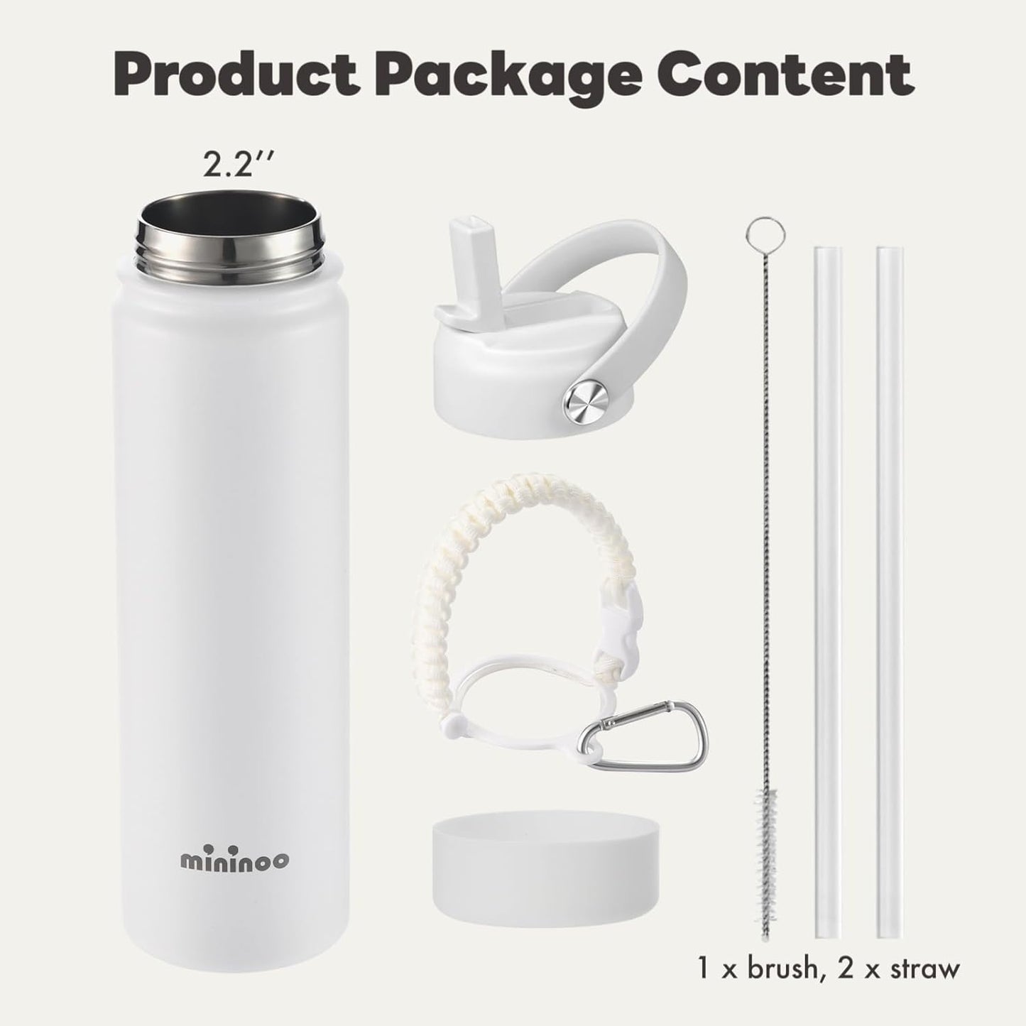 Mininoo Insulated Stainless Steel Water Bottle - 24 oz with Straw & Lid | Durable White Design