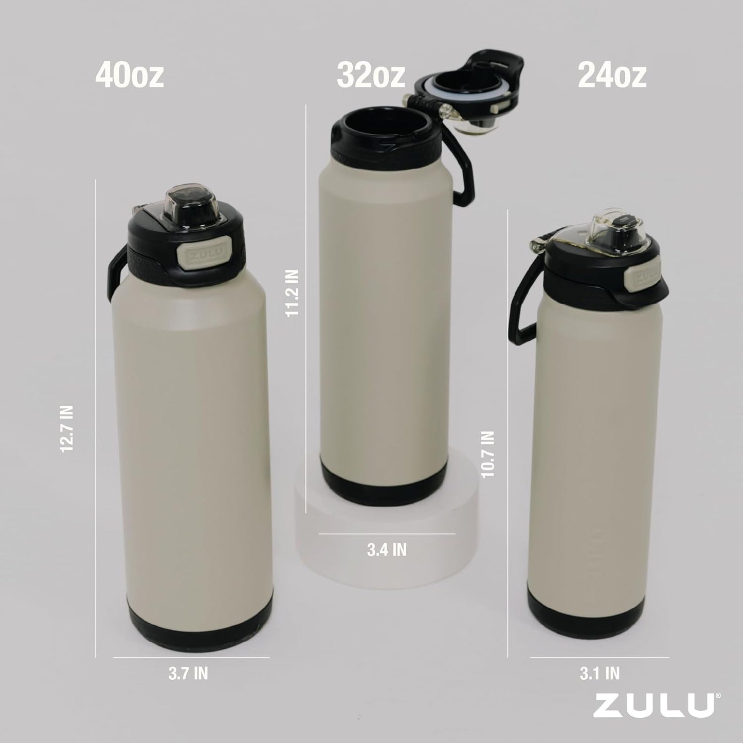 ZULU Powerfill Pro 24oz Stainless Steel Water Bottle - Quick Fill Lid, Triple Walled Insulation, Leak Proof, BPA Free - Ash Color