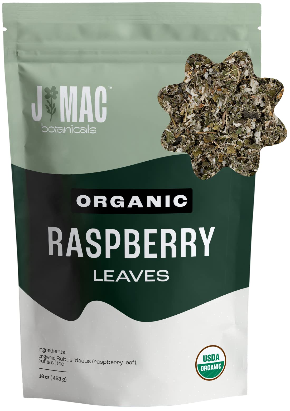 J MAC BOTANICALS, Organic Red Raspberry Leaf, Herbal tea (16 ounce bag 200+ cups) cut & sifted dried leaf