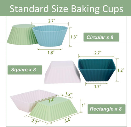 Skiennix Silicone Muffin Cups - 24-Pack Reusable Cupcake Liners in 3 Shapes | Neutral Colors, Regular Size