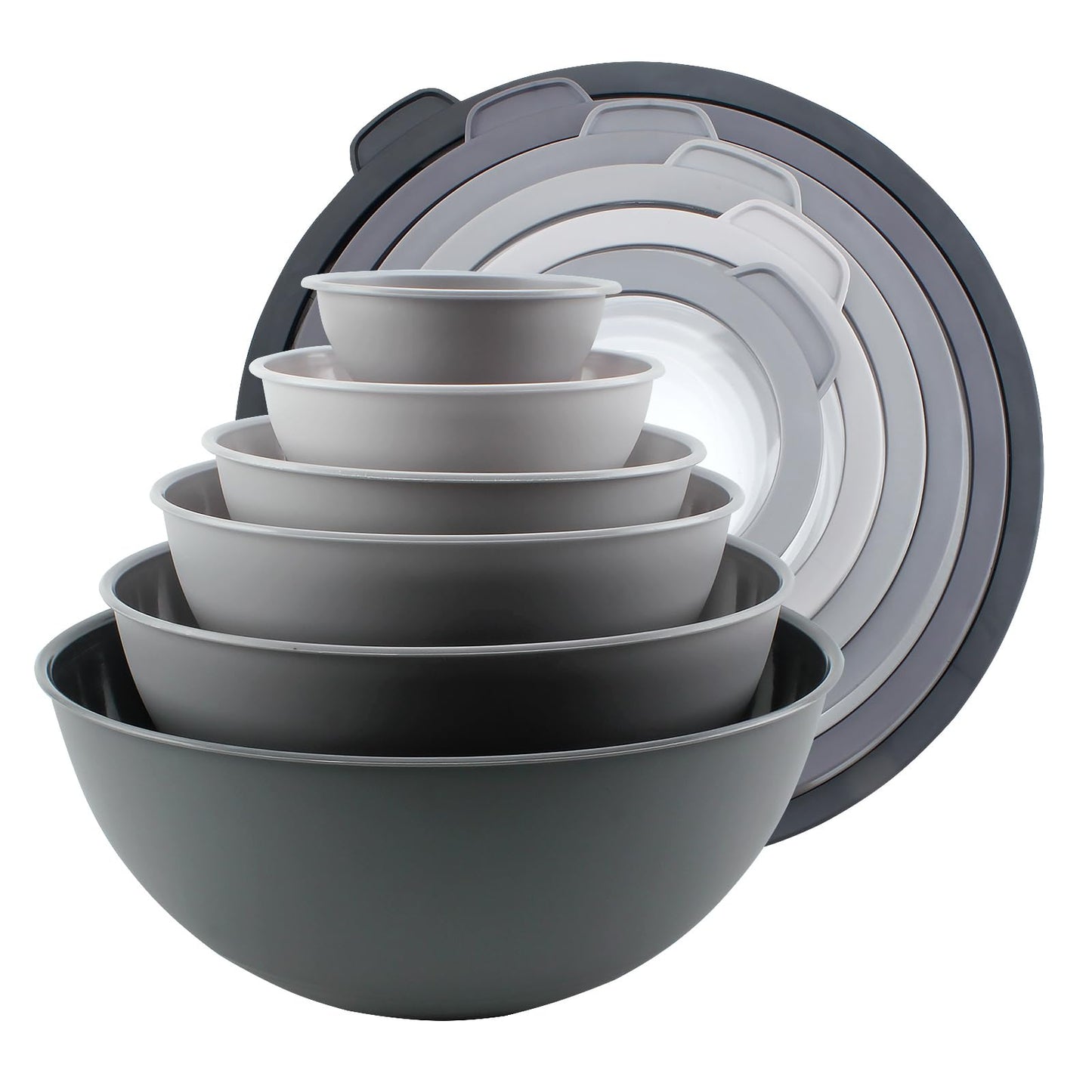 COOK WITH COLOR Mixing Bowls with Non Slip Bottom - 12 Piece Plastic Nesting Bowls Set includes 6 Prep Bowls and 6 Tritan Lids - Microwave Safe (Grey)