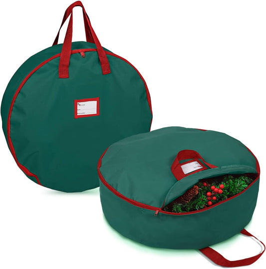 Primode Christmas Wreath Storage Bag - 30" Artificial Wreath Container - Durable 420D Oxford - 2 Pack, Green