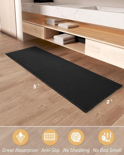 AMOAMI Upgraded Waffle Runner Rug, Super Absorbent Non Slip Bath Mats for Bathroom Floor, Washable Bathroom Runner Rug with Tassels, Ideal for Hallway Bedroom Laundry Room, Black, 2'x 5'(24" x 60")