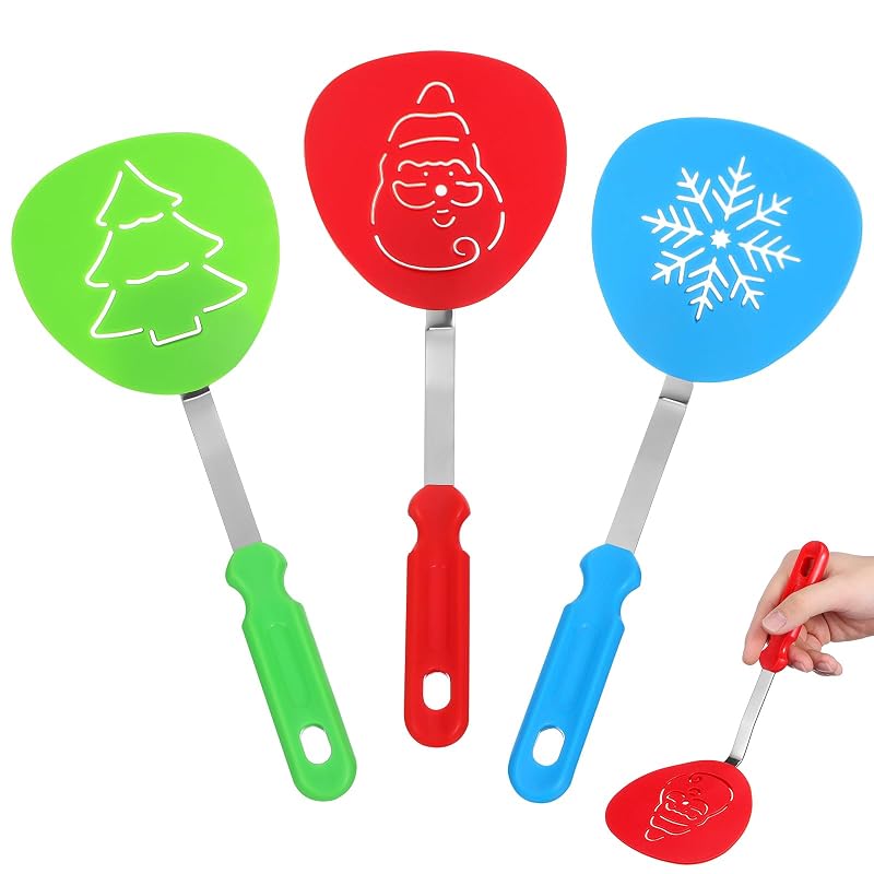 Christmas Spatula Set - 3 Pcs Nylon & Stainless Steel Turners for Baking, Tree, Santa & Snowflake