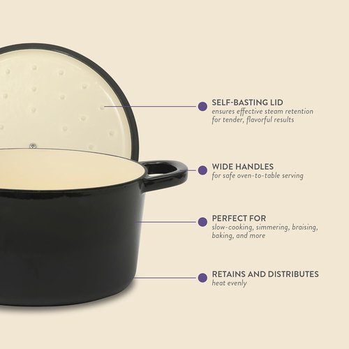 Crock Pot Artisan 7-Quart Round Cast Iron Dutch Oven - Durable Black Enamel Finish with Gold Knob