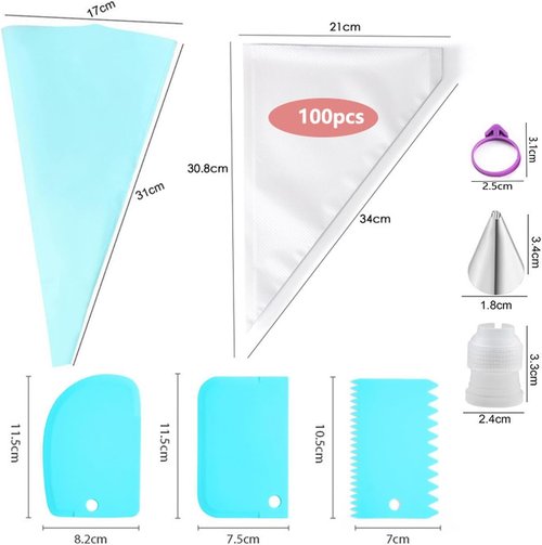 100Pcs Disposable Piping Bags Set by [Brand Name] - 12 Inch Icing Bags with 16 Tips & Cake Scrapers