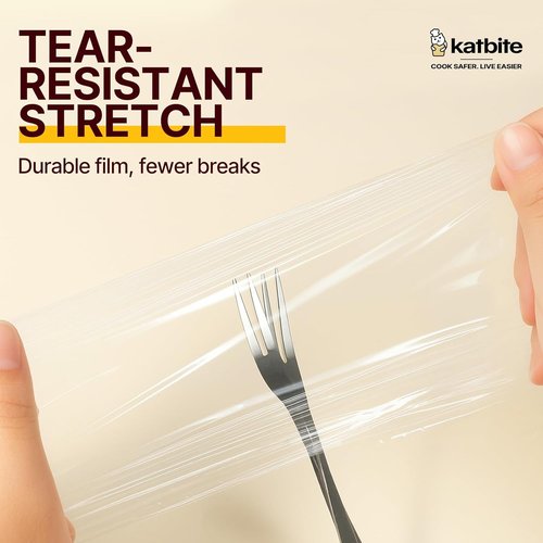 Katbite Plastic Wrap - 12 Inch x 1200 Ft Clear Food Service Film Roll with Removable Cutter for Easy Use