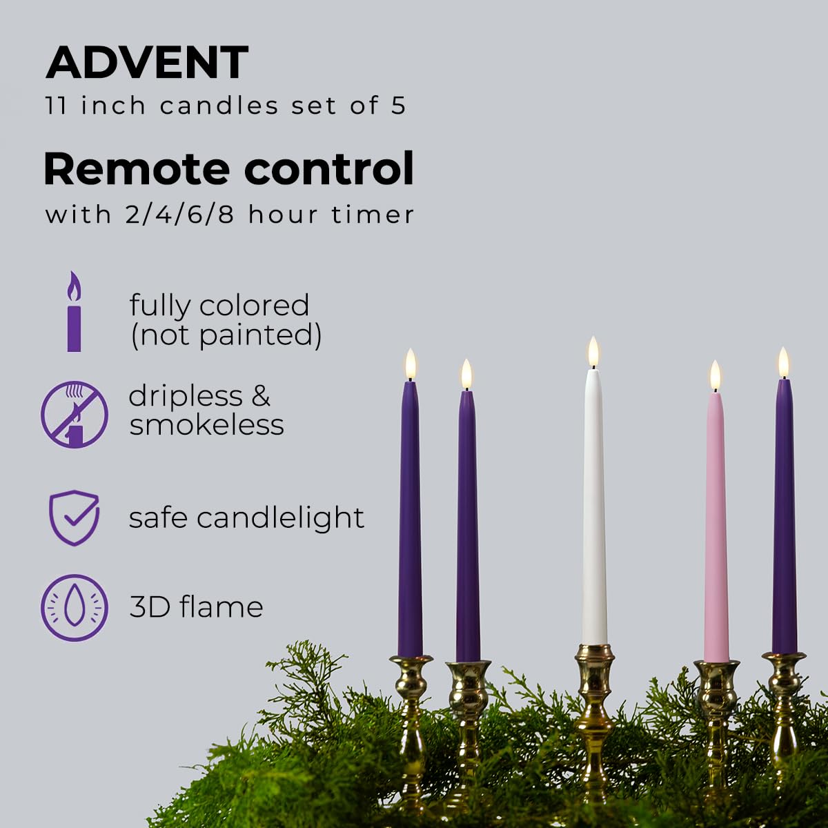 Stmarry Flameless Advent Candles, Set of 5 - Flickering LED Flame, 11 Inch Taper Candlesticks, Remote Controlled - 3 Purple, 1 Pink, 1 White for Christmas Wreath