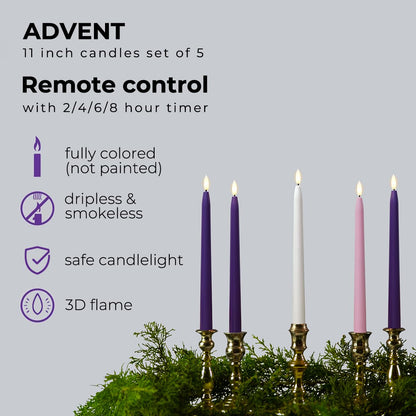 Stmarry Flameless Advent Candles, Set of 5 - Flickering LED Flame, 11 Inch Taper Candlesticks, Remote Controlled - 3 Purple, 1 Pink, 1 White for Christmas Wreath