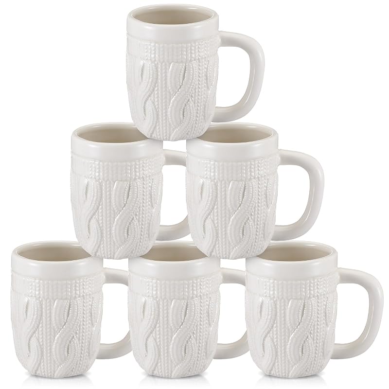 Set of 6 Christmas Sweater Mugs, 13.5 oz Ceramic White Cup