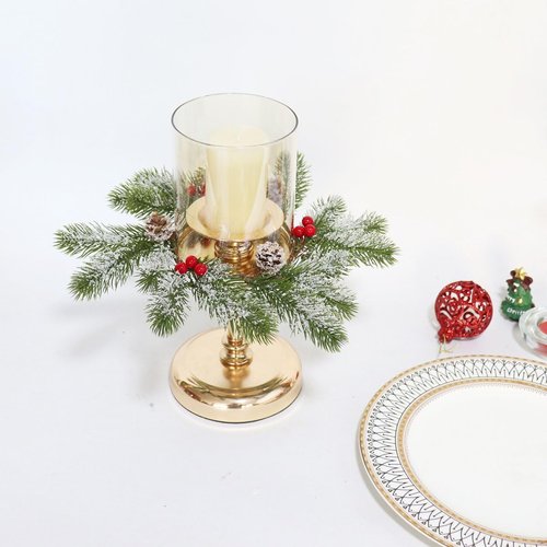 Frosted Pine Garland Candle Rings by 2 Pcs | Mini Artificial Wreaths with Red Berries & Pinecones - 11 Inch Xmas Decor