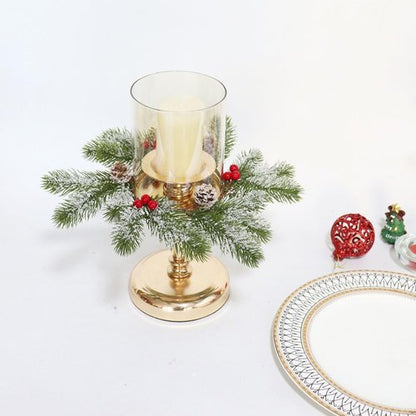Frosted Pine Garland Candle Rings by 2 Pcs | Mini Artificial Wreaths with Red Berries & Pinecones - 11 Inch Xmas Decor