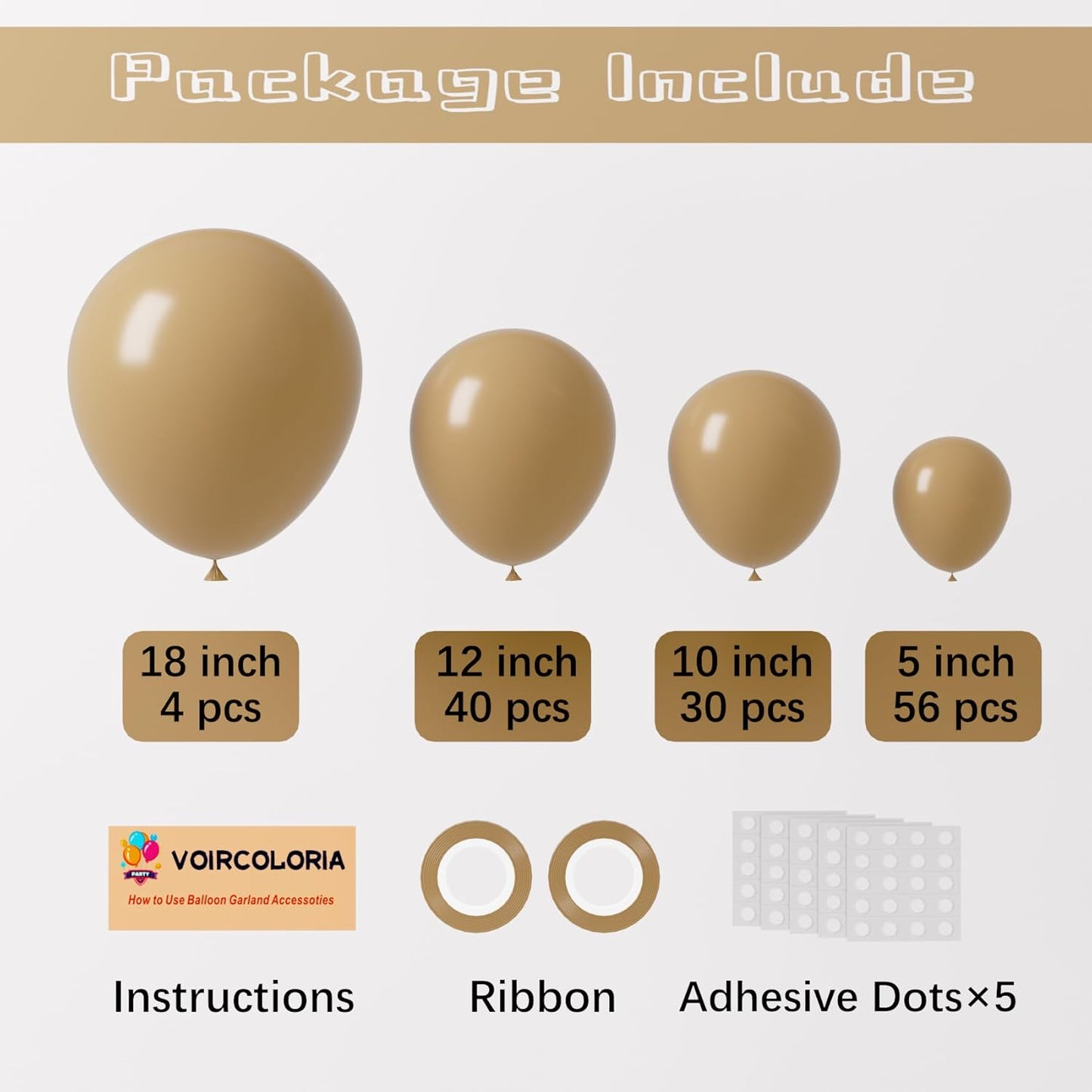 Voircoloria Tan Balloon Garland Kit - 130pcs Light Brown Latex Balloons in Various Sizes for Parties & Events