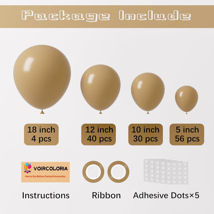 Voircoloria Tan Balloon Garland Kit - 130pcs Light Brown Latex Balloons in Various Sizes for Parties & Events