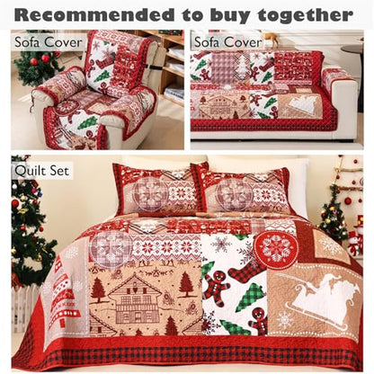 Christmas Sofa Cover for Recliner - Red Patchwork Slipcover with Elastic Straps