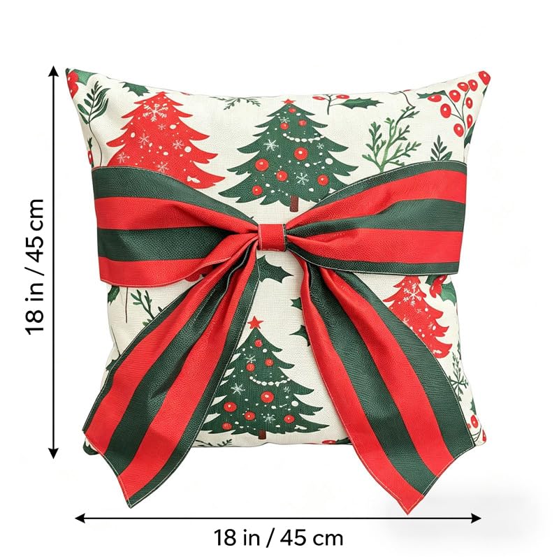 Christmas Pillow Covers 18x18 Inches Set of 2 - Red Pine Cones & Green Plant Prints