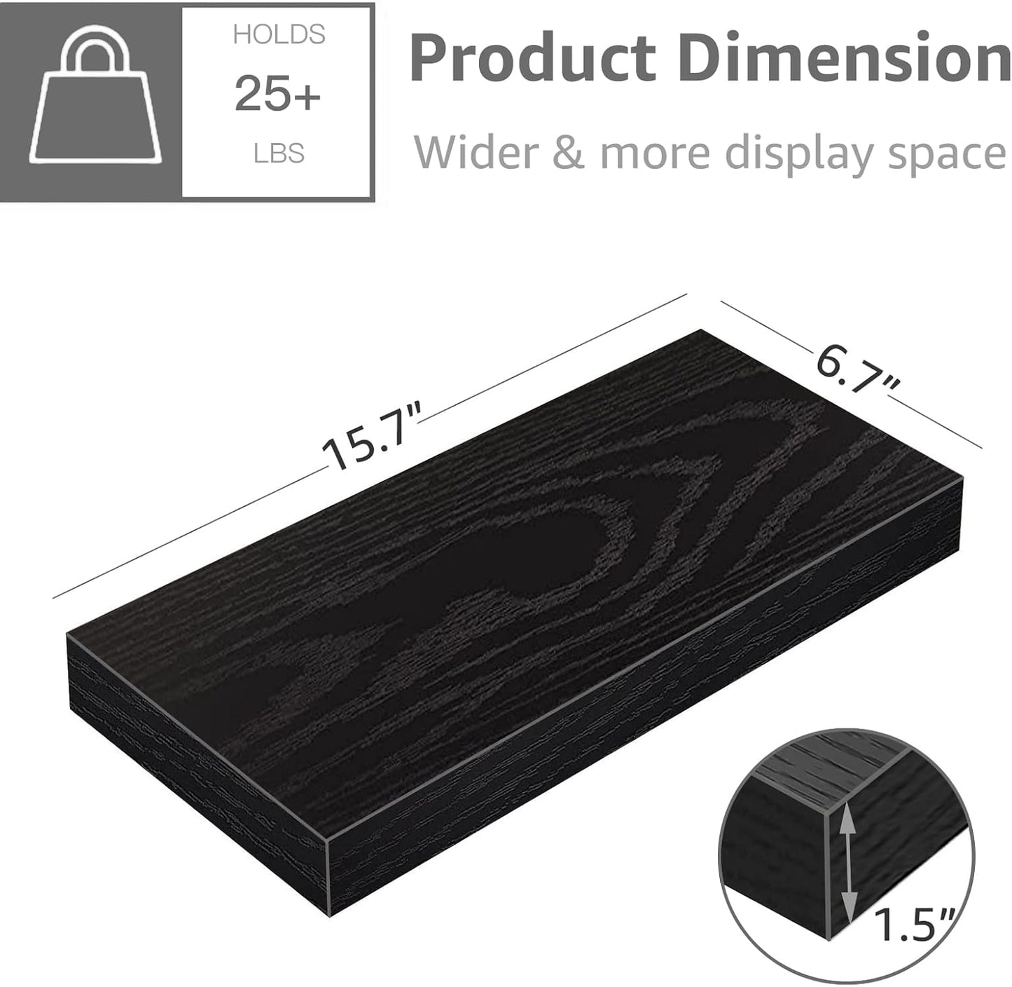 QEEIG Floating Shelves - Stylish Wall Storage for Bathroom, Bedroom & Kitchen | Set of 3, 16 Inch, Black